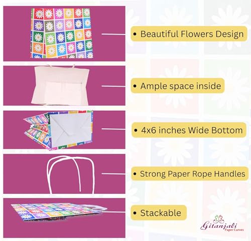 Image of Gitanjali Paper Curves Gift Bags- 5pcs 6x8x4 inch Floral Design Small Paper Bags with Handle, Return Gift Bag, Party Favor Goodie Treat Bag, Paper Carry Bags, Disposable Paper covers (Small-Floral, Pack of 5)