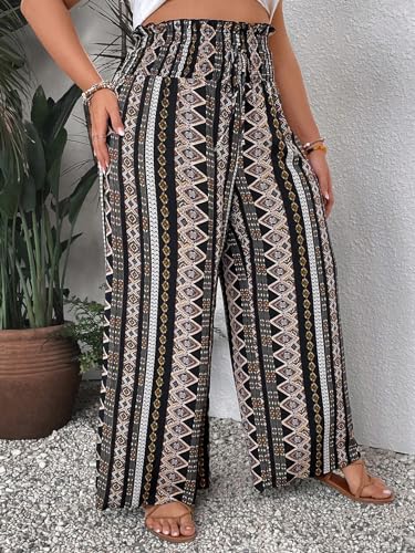GORGLITTER Women's Plus Size Wide Leg Boho Pants Paperbag Geo Print Pants Shirred Beach Pants4