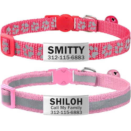 TagME 2-Pack Reflective Cat Collars with Name Tags, Pink