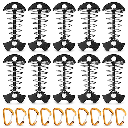 TOBWOLF 10PCS Black Fishbone Deck Anchor Pegs with Carabiners, Aluminium Deck Tie Down Tent Stakes, Windproof Tent Rope Tighteners with Spring Buckle, Outdoor Camping Hiking Cord Adjuster Tensioners