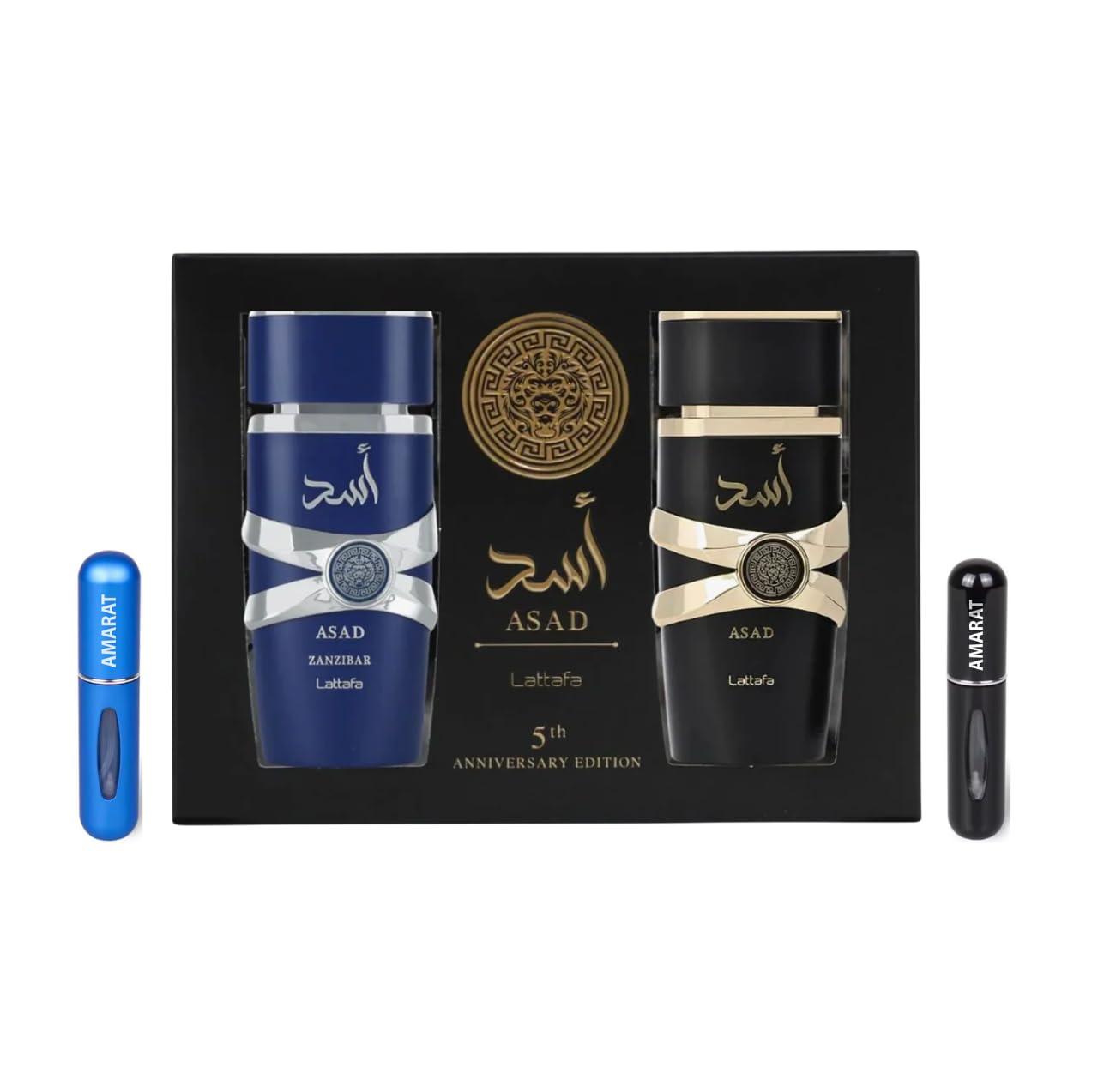 Lattafa Asad & Asad Zanzibar Anniversary Edition 2 x 100ML Eau de Parfum para Hombre, Incluye 2 Atomizadores 5ml, Fragancias Árabes con Notas Especiadas, Amaderadas y Vainilla (Asad & Asad Zanzibar)