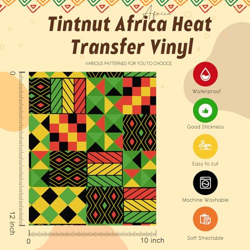 Image of Tintnut Kente African Heat Transfer Vinyl,12 Pcs 12x10in Iron on Vinyl | African patterned PU HTV sheets,easy cut & weed,stretch washable,works with iron & heat press for Kwanzaa crafts