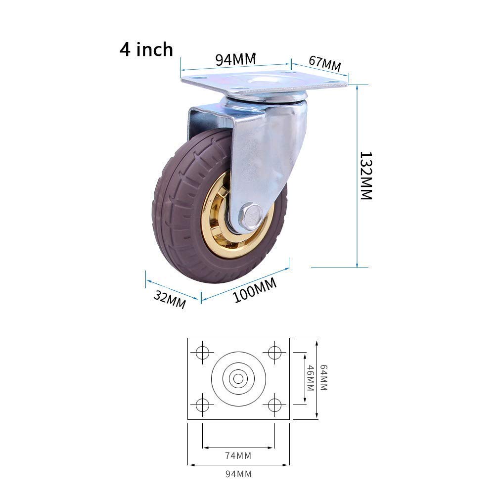 Gomme silenziose Antiscivolo 3 Pollici/4 Pollici 480Kg Ruote per carrelli Niture per carichi Pesanti con Freno Trasportatori girevoli universali industriali Doppi Bea4 pacchi/4 Pollici