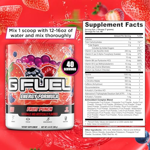 Image of G Fuel Fruit Punch Energy Drink Powder, Pre Workout Caffeine Mix for Gaming, Sugar Free Focus Amino, Vitamin + Antioxidants, 9.9oz (Fruit Punch, 40 Servings)
