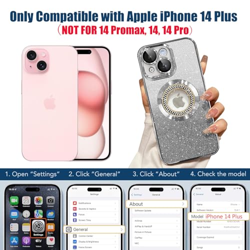 Image of Misscase for iPhone 14 Plus Magnetic Glitter Case Compatible with MagSafe,Full Protection Slim Shockproof Anti-Scratch Case with Camera Lens Protector Logo View Dust-Proof Net for Women Silver