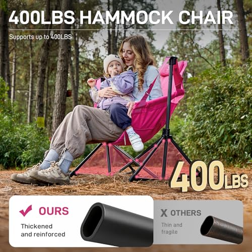 EVER ADVANCED Padded Oversized Hammock Camping Chair, Compact Heavy Duty Swing Chair with Multi-Storage Pockets, Portable Folding Rocking Camping Chair, Support Up to 400lbs, Pink - Image 5