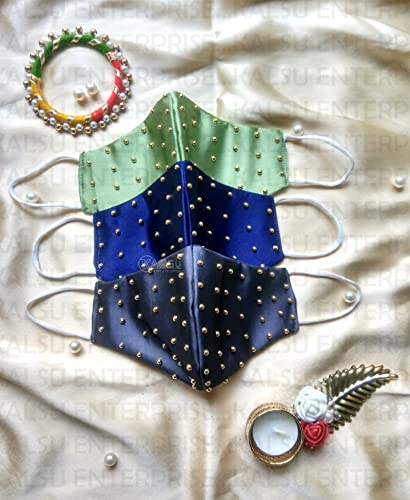Image of ᵀᴹ : WEDDING SPECIAL Cloth Face Mask - Washable Light Weight Satin - Cotton Masks MULTI COMBO (GREEN-BLUE-GRAY COMBO)
