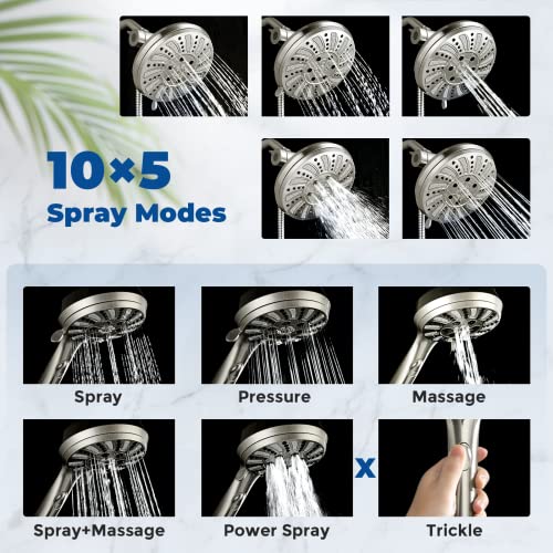Shower Head Combo - Watersong 4.5" 6-Setting Handheld Showerhead And 7" 5-Setting Rainfall Spray, One Click For High Pressure/Trickle Mode, With 70” Longer Stainless Steel Hose, Brushed Nickel #TOP1