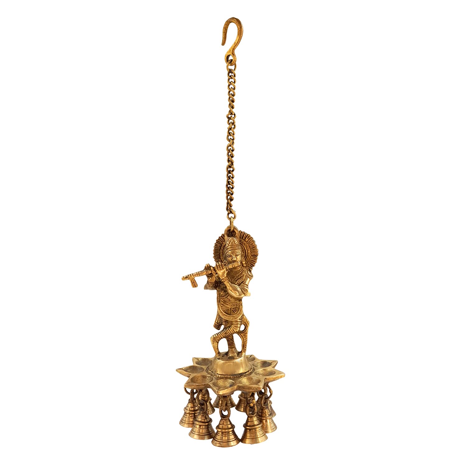 ARTVARKO Brass Krishna Roof Hanging Diya Oil Lamp with Antique Bell with Long Metal Hook for Home Decor, Pooja Mandir, Golden