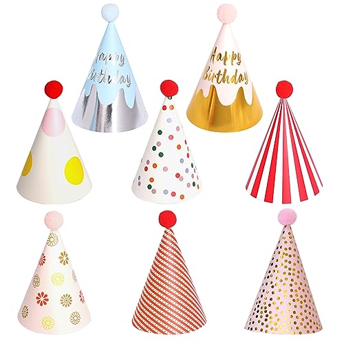 EQLEF Gorros cumpleaños infantil, 8 sombreros cónicos cumpleaños para niños poms papel sombreros felices cumpleaños fiestas sombreros cónicos decoración fiestas Navidad y año nuevo (3 8 años)