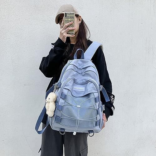 Solid Color Backpack Multi-Pocket Unisex College Bookbag Adjustable Shoulder Strap with Zipper Pendant4