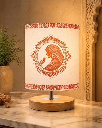 Image of Homesake Pine Table Lamp Wooden Bedside Lamp Simple Bedroom Light Linen Shade Mini Desk Lamp Nightstand Lamp for Bedroom, Living Room, Gift, (Aipan Art of India Shade Cylinder)