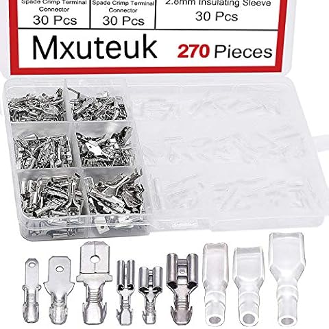 mxuteuk 270Pcs Electrical Wire Crimp Connector Female Spade Connectors 2.8/4.8/6.3mm Connector Wire Crimp Terminal Block Assortment Kit with Insulating Sleeve for Electrical Wiring Car Audio Speaker Cover