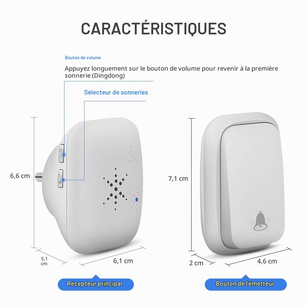 Sonnette sans Fil, PDGROW Sonnette Auto Alimentée sans Batterie Requise Carillon de Porte sans Fil, Bouton Poussoir étanche à 150m de Portée avec 38 Carillons, Volume à 4 Niveaux et LED - Blanc