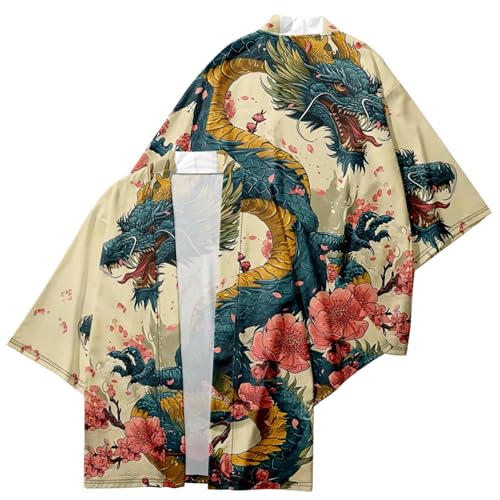 Image of DOSLAVIDA Men's Japanese Kimono Cardigan Suit Chinese Style Printed Jacket Pants Set Open Front Seven Sleeve Top & Shorts