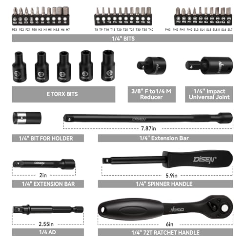 Image of DISEN 94 PCS 1 /4 inch Drive Impact Socket Set, Shallow & Deep Socket SAE(5 /32 inch-9 /16 inch) & Metric(4-15mm), Torx Screwdriver Bit Set, 72T Ratchet Wrench Handle, CRV Tool Set with Adapter, Automotive Repair