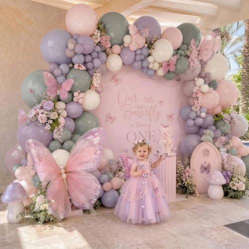 Image of Dusty Pink Purple Balloon Arch Double Stuffed Light Blush Lavender Balloon | Lilac White Ivory Gray Balloon Garland for Fairy Baby Shower Birthday Bloom Bridal Shower Butterfly Mermaid Party Decorations