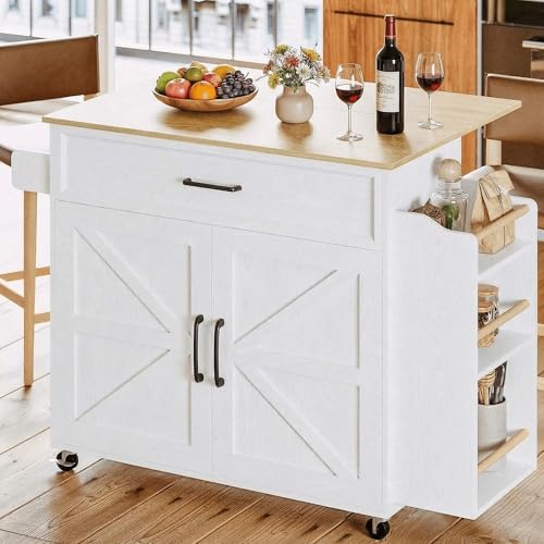 IRONCK Kitchen Island Table with Storage, Rolling Kitchen Cart with Power Outlet, Storage Cabinets on Wheels with Drop Leaf, Portable for Dining Room, White