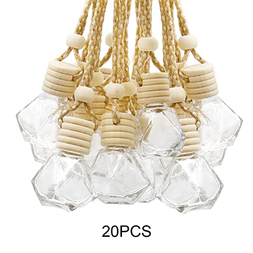 Image of 20pcs 8ML Diamond Shaped Glass Perfume Empty Bottles Five Line Lids Diamond Shaped Perfume Bottles Clear Glass Essential Oil Diffuser Oil Aromatherapy Perfume Hanging Bottles with Wooden Lids and Hanging String