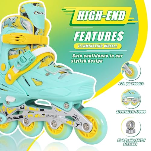 Nattork Inline Skates for Girls and Boys Kids, 4 Sizes Adjustable Inline Skates with Light up Wheels, Illuminating Beginner Roller Skates for Kids & Adult Youth Teal Age 10-12 Size 5 6 7 8 - Thumbnail 2