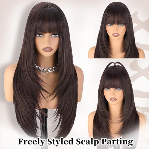 XIXIBI Brown Wig with Bangs for Women,4x4 Realistic Scalp,Free Parting,Long Layered Wigs Realistic Synthetic Fiber Heat Resistant Dark Brown Natural Looking Wig for Daily Party Cosplay Use 26 Inch - Image 3