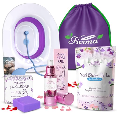FIVONA Yoni Care Kit 6 in 1 - pH Balanced Natural Yoni Oil Herbal Soap Bar for Feminine Wash Detox V Steam Herbs Blue Moon Foldable Sitz Bath Steam Pot Hand Flusher and Drawstring Storage Bag