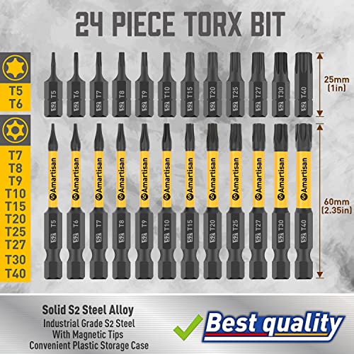 Torx Bit Set, Amartisan 24-Piece Security Torx Bit Set, Tamper Resistant Star Bits Set S2 Steel, 1" And 2.3" Long T5 - T40 #TOP4