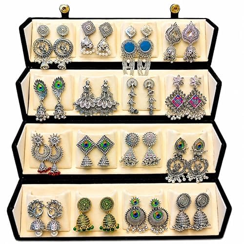 Generic 16 Pair Oxidised Silver Plated Earring Jhuma Box Combo Set - Image 1