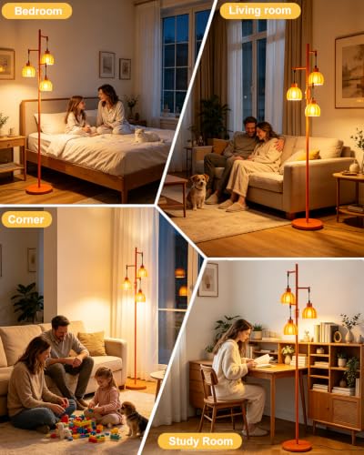 Image of Lightdot 65'' Glass Floor Lamp Dimmable Orange with Lotus Glass Shade & 3000K Bulbs Included 3-Lights Modern Tall Standing Lamp with 5Lbs Heavy Base for Living Room /Bedroom /Sofa /Corner Decor