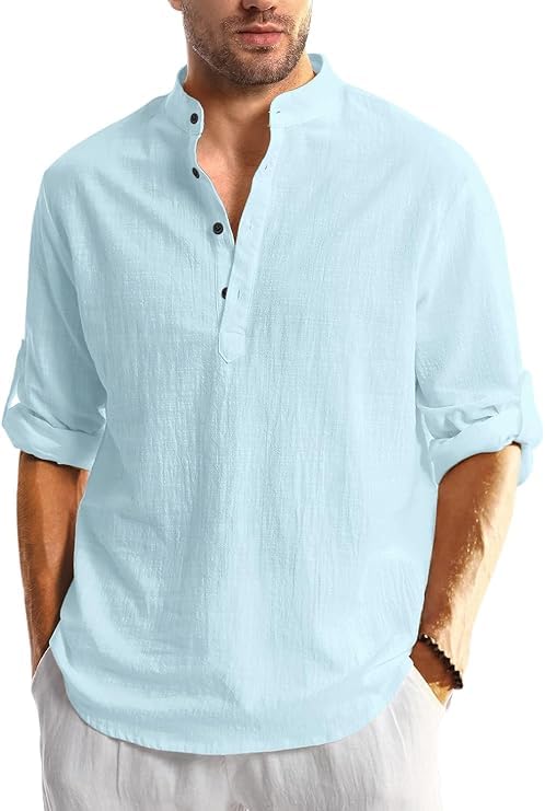 Image of Men's Full Sleeve Beige Color Cotton Blend Mandarin Slim Fit Shirt Style Kurta for Men and Boys