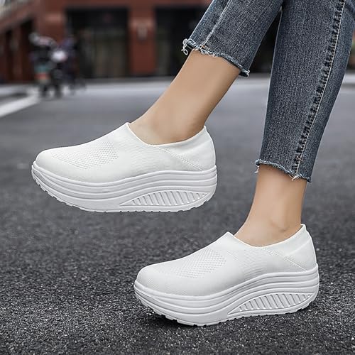 Image of Women's Knitted Platform Slip On Walking Sneakers,Comfort Lightweight Arch Support Non Slip Casual Mesh Breathable Workout Work Shoes