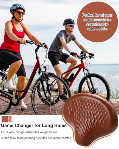 Wide Bike Seat for Women Men, Comfortable Soft Classic Vintage Padded Bicycle Saddle Cushion, Large Comfort Replacement Seat for City, Beach Cruiser, Hybrid, Ebike, Mountain, Stationary Bike (Brown)