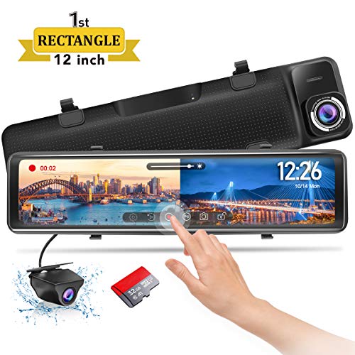 PORMIDO Mirror Dash Cam-Backup Camera 12"Large Full Touch Split Screen Front and Rear View Camera 1296P HD Waterproof Back up Car Camera 170° Wide Angle,Starlight Night Vision,Parking Monitor, SD Card