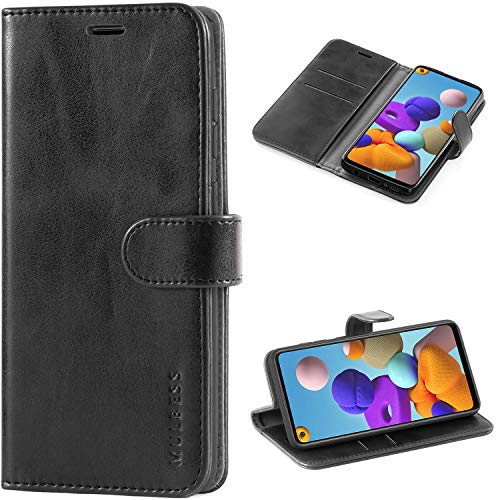 Mulbess Handyhülle für Samsung Galaxy A21s Hülle Leder, Samsung Galaxy A21s Handy Hüllen, Vintage Flip Handytasche Schutzhülle für Samsung Galaxy A21s Case, Schwarz