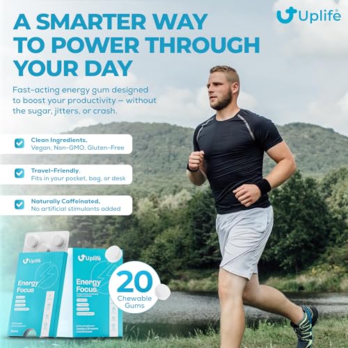 Image of UPLIFE Energy and Focus Gum - Made in USA | 40mg Natural Caffeine + 80mg L-Theanine + Vitamin B12 & B3 | Sugar-Free, Vegan | Nootropic Gum for Energy, Focus & Mental Clarity - Peppermint