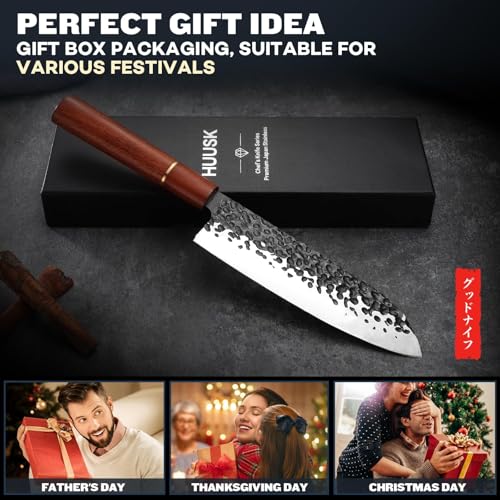 Image of Huusk Japanese Santoku Chef Knife, Professional Chef Knife 7 Inch | Razor Sharp Kitchen Knives for Meat Cutting, Multipurpose Cooking Knives with Hand Forged Blade & Rosewood Handle, Ideal Gift