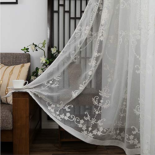 Aifish Rod Pocket Sheer Curtain 84 Inches Long Beige White Sheer Curtains Panel Floral Embroidery Voile European Style For Living Room Sliding Glass Door W39 X L84 Inch 1 Panel #TOP1