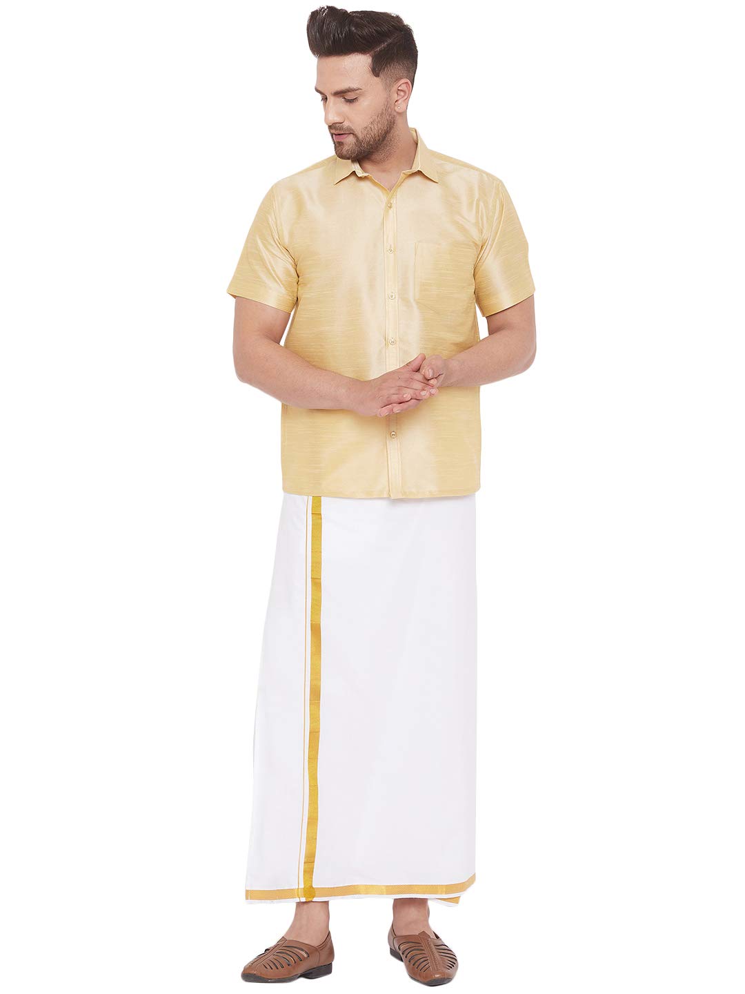 Men's Black Silk Blend Shirt And Mundu-image-34