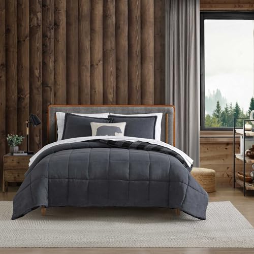 Eddie Bauer - Queen Comforter Set, Microsuede Bedding with Soft Plush Faux Shearling Reverse, 3 Piece Bed Set with Matching Pillowcases (Cabin Plaid Grey)