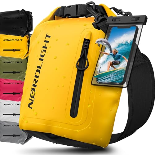 Nordlight Bolsa Estanca Impermeable + Funda para Móvil, Cierre Enrollable, Correa para Hombro | Drybag Mochila Impermeable Saco Estanco Bolsa de Transporte Náutica | Playa Sup - Amarillo, 5 litros