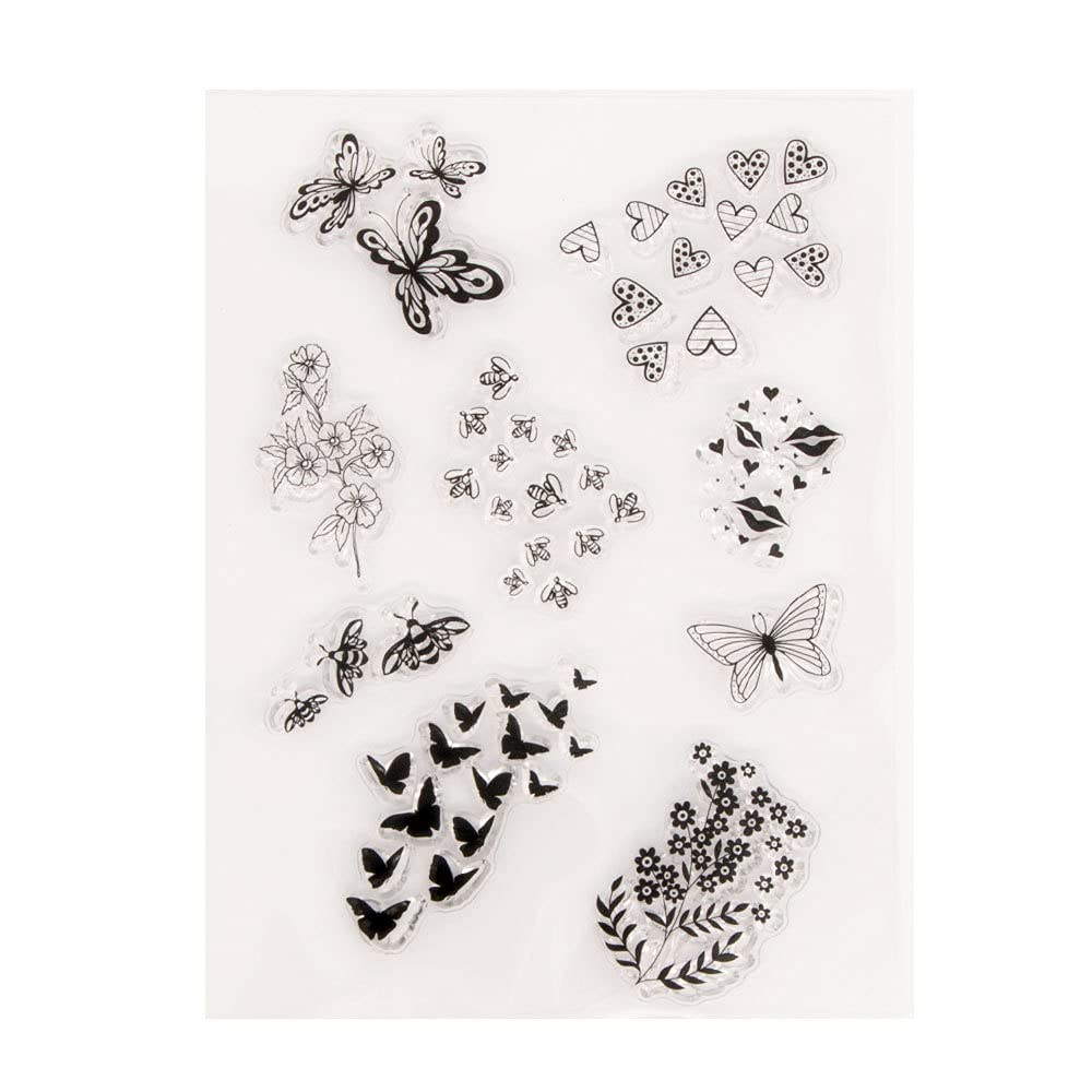 Arbuya Butterfly Bee Hearts Flowers Background Stamp Rubber Clear Stamp/Seal Scrapbook Decorative Card Making Clear Stamps