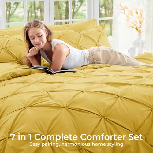 Image of Sasttie Full Size Comforter Set, 7-Piece Bed in a Bag Double, Pintuck Bedding Set for All Season, Includes Comforter, Flat Sheet, Fitted Sheet, Pillowcases and Pillowshams, Mustard Yellow
