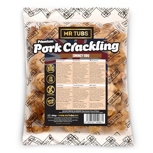 Mr Tubs Corteza de Cerdo 250g a Granel - Corteza de Cerdo Premium, Sin Gluten, Alto Contenido Proteico, Bajo en Carbohidratos, Apto para Dieta Keto (250g, Barbacoa ahumada)