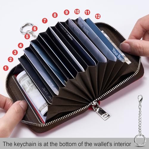 Image of Mayski Credit Card Holder, Zipper Credit Card Wallet for Women, Small Accordion Card Cases Holder, KeyChain Wallet, Business Card Holder, Dark Red