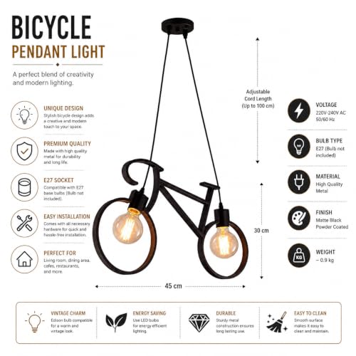 Image of Bicycle Pendant Light Fixture, Industrial Vintage Bike Chandelier, Retro Iron Hanging Ceiling Lamp with 2 E26 Sockets for Kitchen Island, Dining Room, Bar, Coffee Shop, Restaurant (Bulbs Not Included)