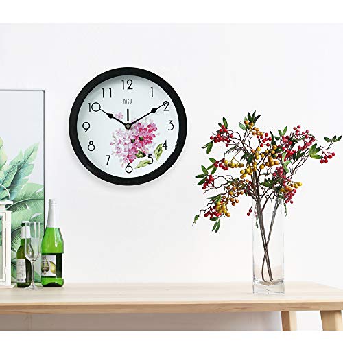 Hito Silent Floral Wall Clock Non Ticking 10 Inch Excellent Accurate Sweep Movement Glass Cover, Decorative For Kitchen, Living Room, Bathroom, Bedroom, Office (Cherry Blossom Black) #TOP4