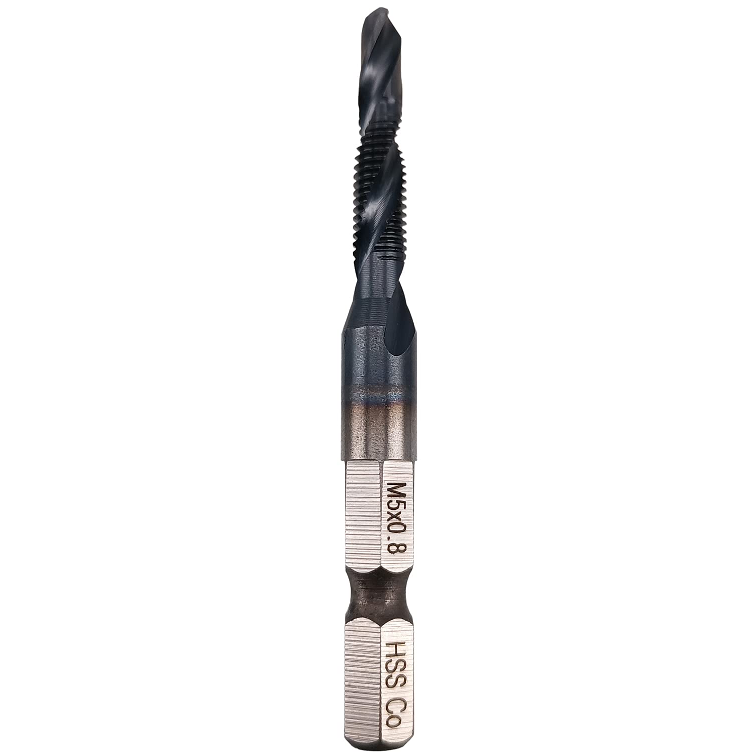 Hymnorq Combination Tap and Drill Bit - TIAIN Coated, M35 Cobalt Steel, 118° Split Point, M5 x 0.8mm Thread, 1/4” Hex Shank, Industrial Grade
