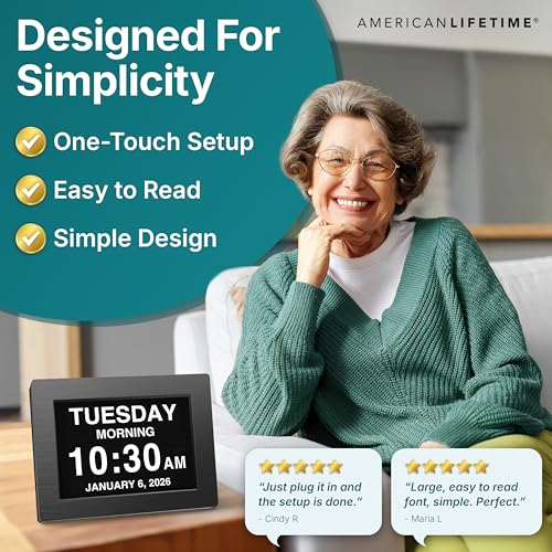 Image of American Lifetime Large Digital Wall Clock for Seniors, Black Polished, 8-Inch High Resolution Display, Easy to Read, Customizable Alarms, Auto-Dimming, Multi-Language Support, Battery Backup