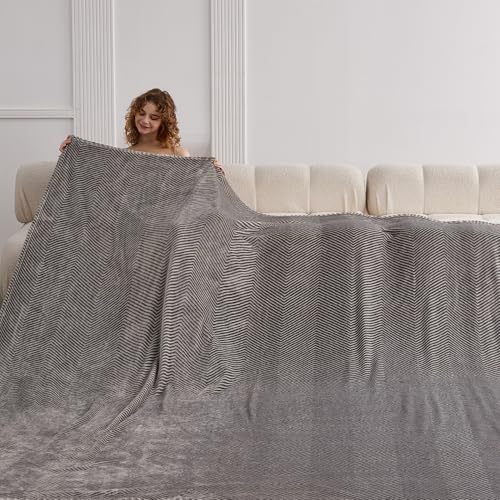 Oversized King Fleece Blanket 120x120 Inches, Seamless Soft Cozy 3D Jacquard Flannel Blanket 10'x10' Extra Large for Bed, Sofa, Couch, Travel & Camping, California King Throw, Light Grey - Wave