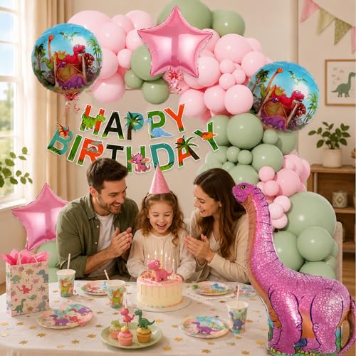 Image of Rozi Decoration Dinosaur Theme Birthday Decoration Kit for Girls, Kids Party, 58 Pcs Pink Dinosaur Birthday Decorations Set | Happy Bday Decorative Items for Kids